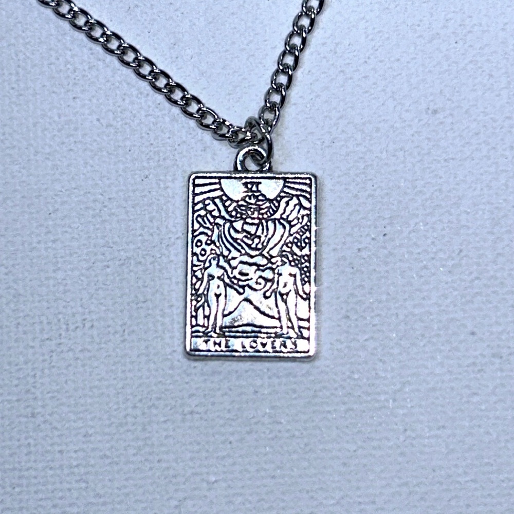 Handmade  “The Lovers” Tarot Card Pendant On Stainless Steel Chain Goth Celtic